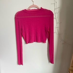 Sheer pink mesh long sleeve crop top sparkle, lettuce trim size large, no tags